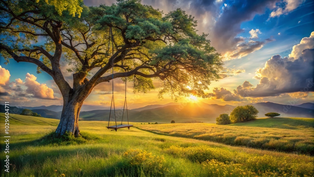 Fototapeta premium Surreal Tree Swing in Lush Green Field Under Bright Blue Sky