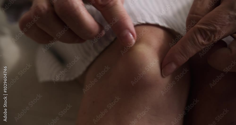 Top view of a clode up pensioner's hands rubbing a popliteal or synovial cyst, a fluid-filled swelling that forms on the back of knee. Popliteal cyst, fluid in joint. Damaged knee joint of an elderly Top view of a clode up pensioner's hands rubbing a popliteal or synovial cyst, a fluid-filled swelling that forms on the back of knee. Popliteal cyst, fluid in joint. Damaged knee joint of an elderly