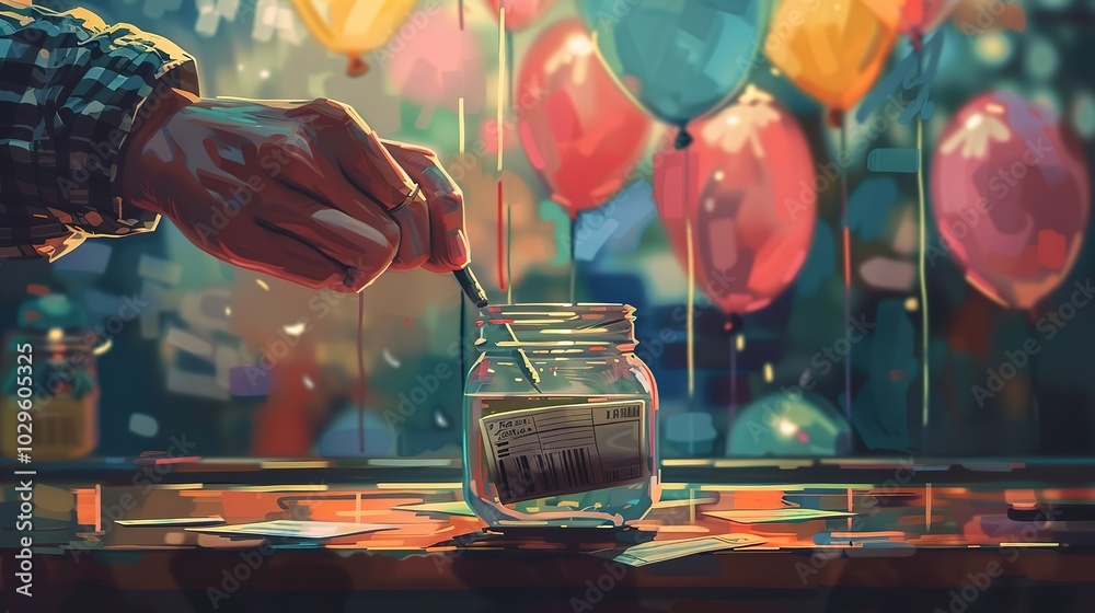 A hand reaches towards a jar with a barcode label, blurred balloons in the background. . A hand reaches towards a jar with a barcode label, blurred balloons in the background. .