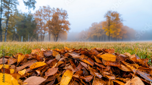 Wallpaper Mural pile of fallen brown leaves, foggy autumn meadow with dry, golden grass and scattered trees with colorful foliage,  Torontodigital.ca