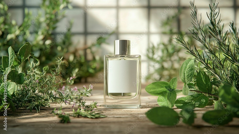 A beautifully crafted perfume bottle positioned amidst fresh herbs, showcasing a natural and soothing aesthetic with greenery enhancing its appeal. A beautifully crafted perfume bottle positioned amidst fresh herbs, showcasing a natural and soothing aesthetic with greenery enhancing its appeal.