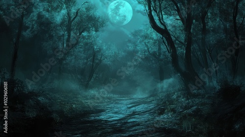 A mystical forest illuminated by a full moon, creating an eerie atmosphere.