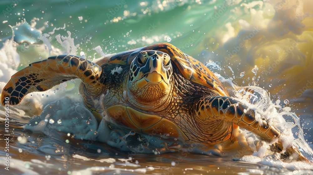 Obraz premium Sea Turtle in Waves