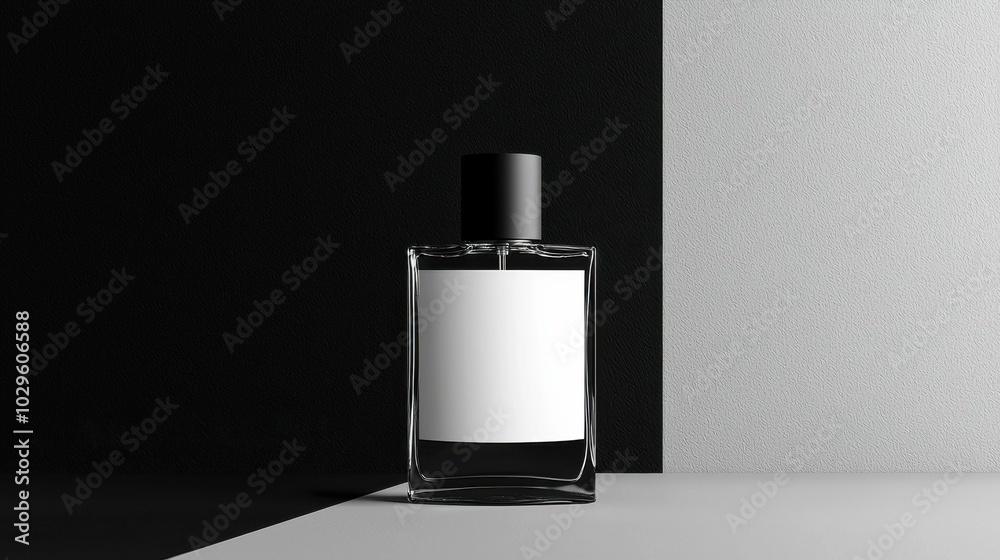 A minimalistic perfume bottle is showcased against a contrasting black and white backdrop, emphasizing its sleek design. Perfect for branding purposes.