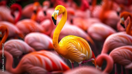 Yellow flamingo in flock of pink flamingos 