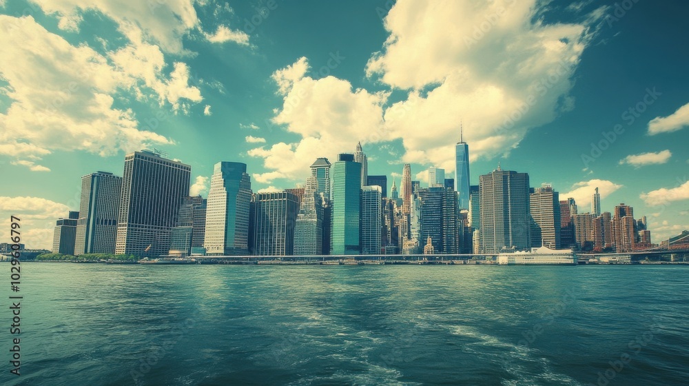 Fototapeta premium A panoramic view of a city skyline reflecting on water under a cloudy sky.