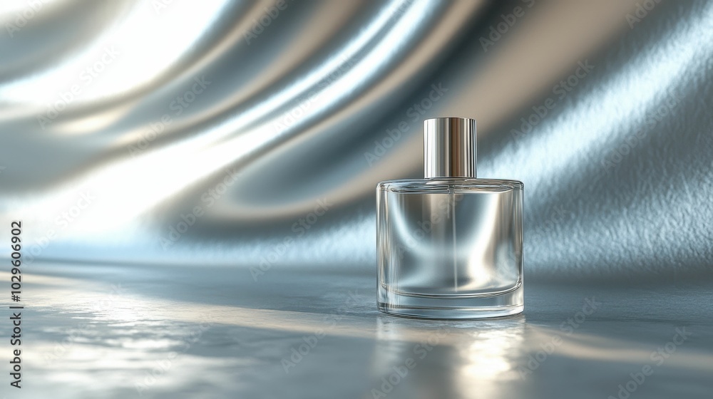 This image showcases a sophisticated perfume bottle on a smooth surface with a shiny fabric backdrop, emphasizing its elegant design and luxurious feel. This image showcases a sophisticated perfume bottle on a smooth surface with a shiny fabric backdrop, emphasizing its elegant design and luxurious feel.