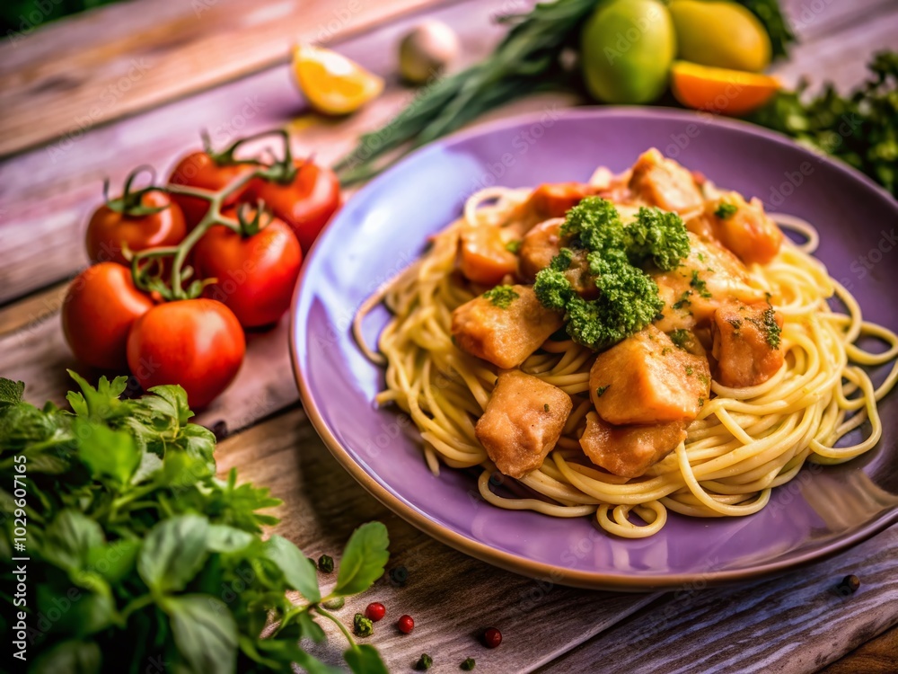 Top View Spaghetti with Chicken and Potato Curry Sauce - Delicious Fusion Dish Top View Spaghetti with Chicken and Potato Curry Sauce - Delicious Fusion Dish