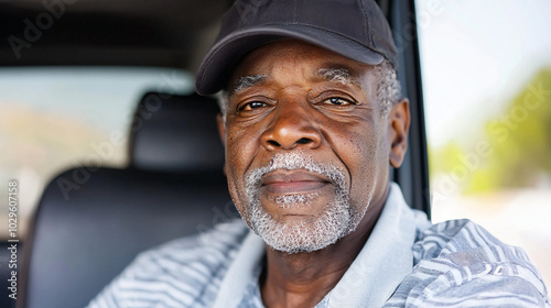 portrait of a seasoned African American trucker with a kind expression