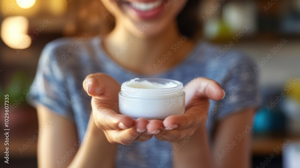 A person holds a container of cream, smiling, suggesting skincare or beauty routine. A person holds a container of cream, smiling, suggesting skincare or beauty routine.