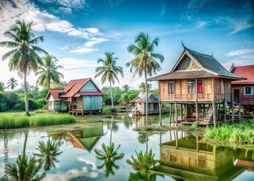 Traditional Cambodian Wooden Houses in Village Setting for Cultural Photography