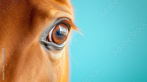 This image captures a close-up of a horse's eye against a striking blue background, emphasizing the contrast and detail in the horse's features.