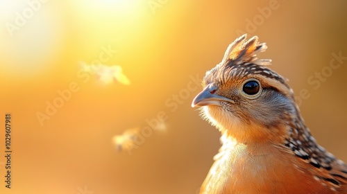 The vivid bird, captured in sunlight with a softly blurred background, radiates charm and fascination, symbolizing the harmony between nature and art. photo