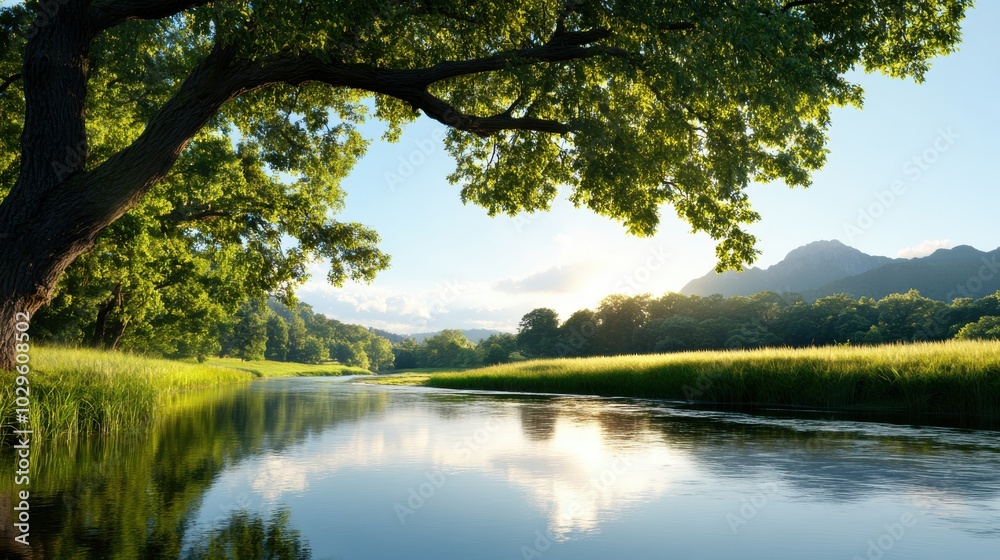 A tranquil landscape featuring a calm river, lush green trees, and distant mountains beneath a clear sky captures the essence of peace and natural beauty. A tranquil landscape featuring a calm river, lush green trees, and distant mountains beneath a clear sky captures the essence of peace and natural beauty.