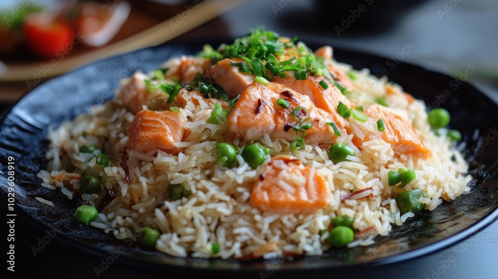 A plate of rice topped with salmon and green peas, garnished with herbs. A plate of rice topped with salmon and green peas, garnished with herbs.