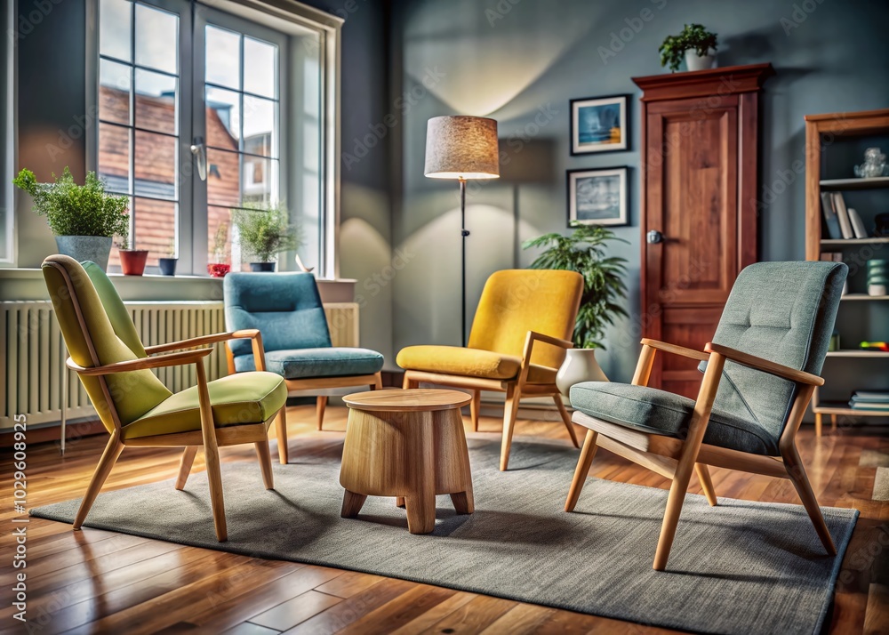 Fototapeta premium Trendy Scandinavian Style Armchairs and Stool Bundle - Vector Illustration for Modern Interiors