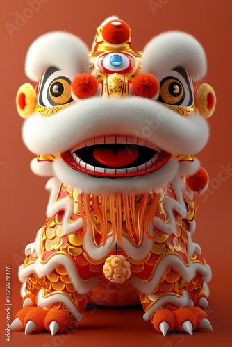 This lively lion dance figure showcases intricate patterns and bright colors. Its joyful expression and ornamental design highlight the cultural significance of lion dances in celebrations.