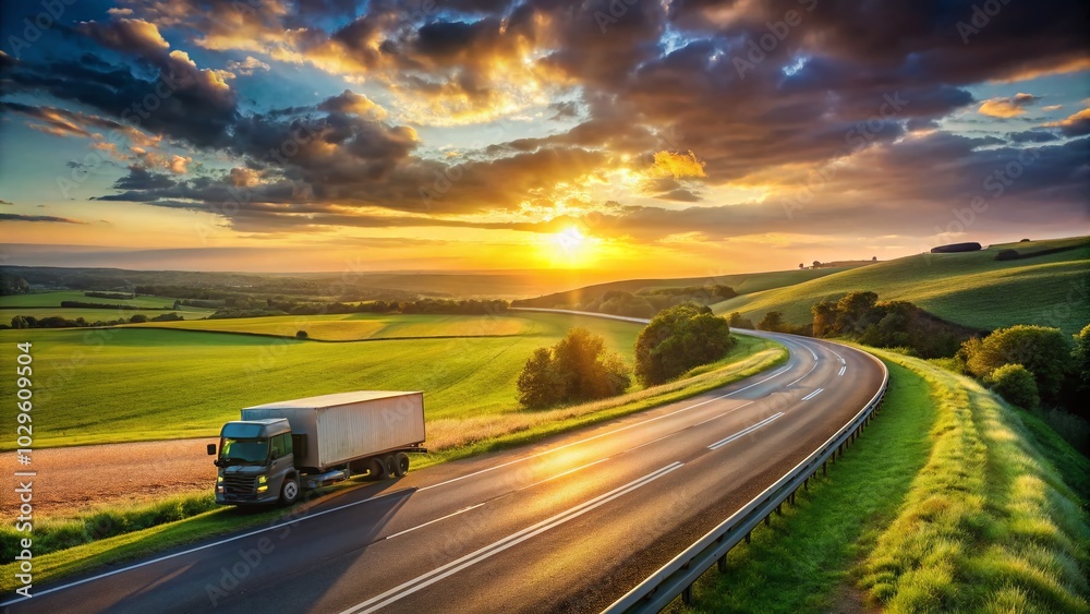 Truck Driving on Asphalt Road in Rural Landscape at Sunset - Scenic Journey Truck Driving on Asphalt Road in Rural Landscape at Sunset - Scenic Journey
