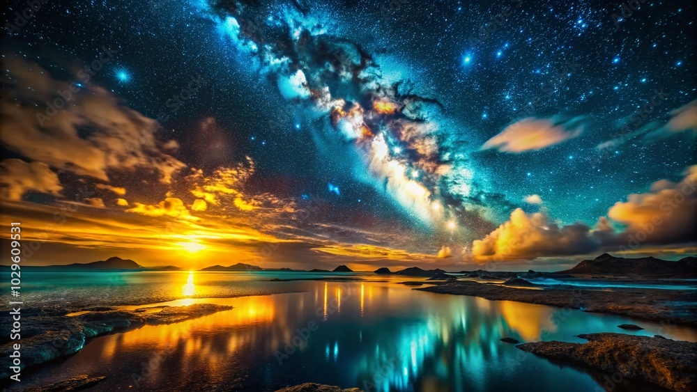 Fototapeta premium Turquoise and Gold Light Burst on Dark Background for Stunning Landscape Photography