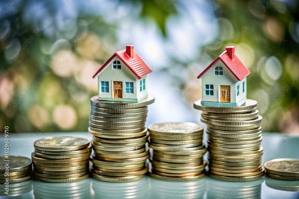 Two Houses on a Coin Mountain: Real Estate Investment and Mortgage Concept for Finance Visuals Two Houses on a Coin Mountain: Real Estate Investment and Mortgage Concept for Finance Visuals
