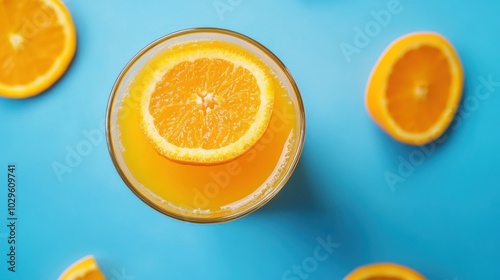 A refreshing glass of orange juice garnished with a slice, surrounded by orange halves.