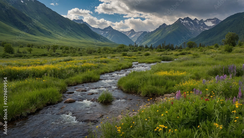 Lush green valley nestled between towering mountains, with wildflowers and a small river flowing through. Lush green valley nestled between towering mountains, with wildflowers and a small river flowing through.