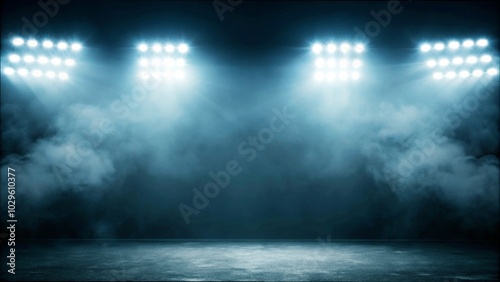 Bright stadium arena lights, Smoke bombs, empty dark scene, neon light, spotlights The concrete floor and studio room with smoke float up the interior texture, night view for display products