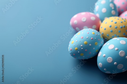 Bright pastel easter eggs are artistically arranged on a soft blue background, featuring playful polka dots and vibrant colors, creating a cheerful atmosphere for spring celebrations. Copy space photo