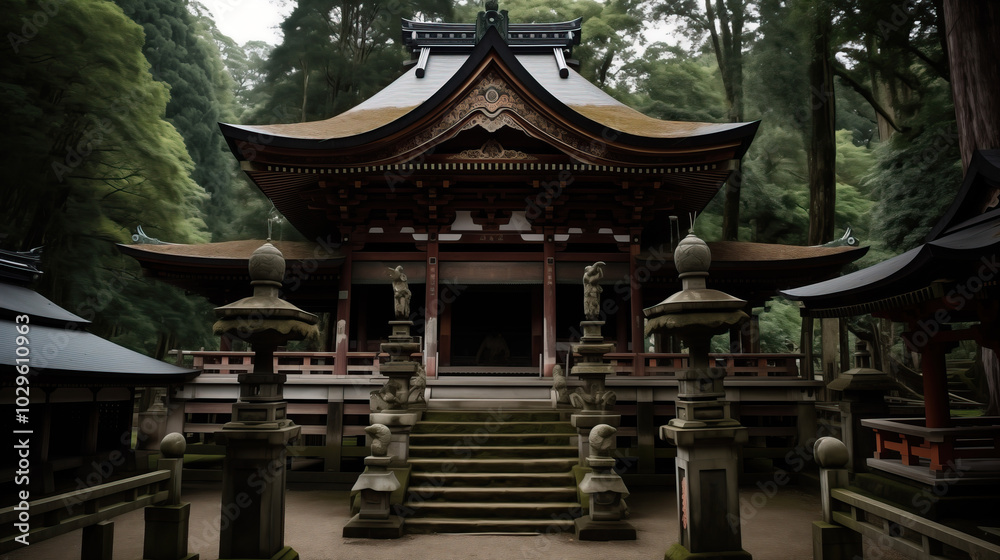 three-dimensional illustration of japanese shinto shrine in forest three-dimensional illustration of japanese shinto shrine in forest