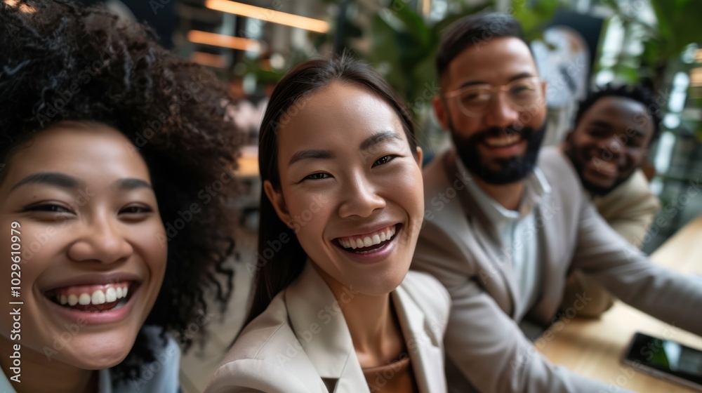 Fototapeta premium Cheerful professional team taking a selfie while collaborating on a corporate project in the office, smiling and engaged in their work together