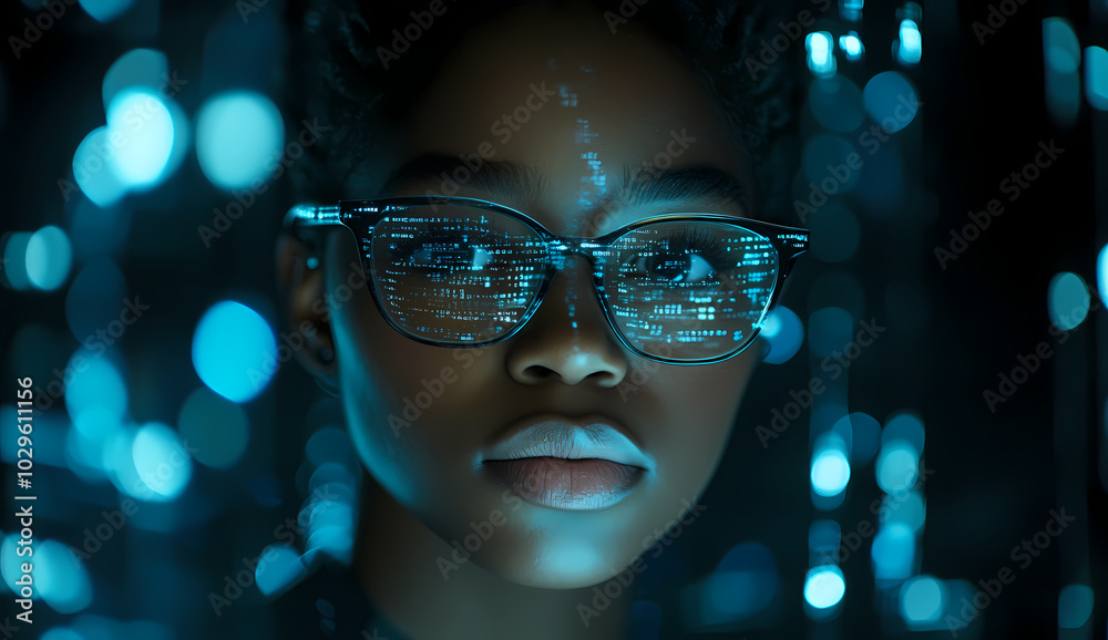 A Black woman wearing glasses gazes intently at the camera, surrounded by glowing data and code on a digital screen. A Black woman wearing glasses gazes intently at the camera, surrounded by glowing data and code on a digital screen.