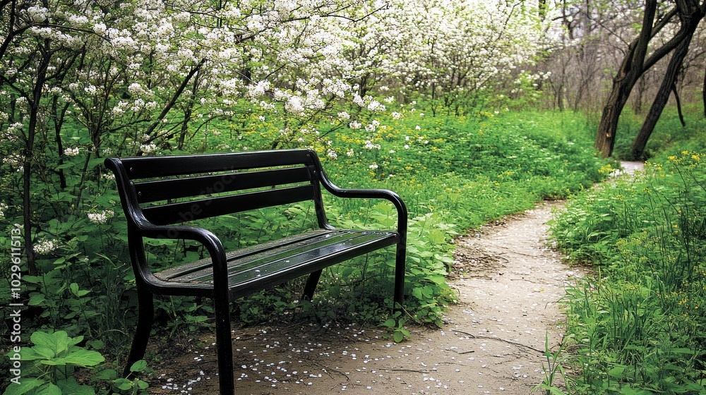 A Black Bench in a Lush Green Forest With White Blossoms A Black Bench in a Lush Green Forest With White Blossoms