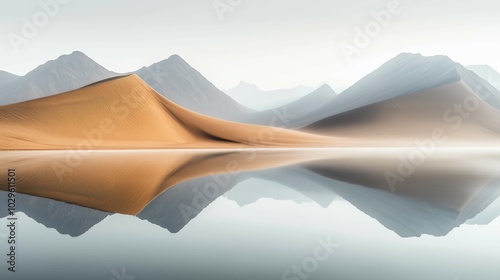 Mountains reflected lake sky background arena entertainment dune abstract forms shapes flowing rhythms dunes empty edges thin fog desert dulled contrast mirrored
 photo