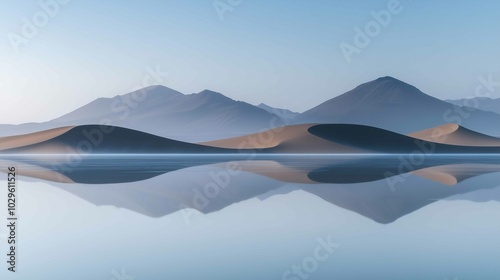 Mountains reflected lake sky background arena entertainment dune abstract forms shapes flowing rhythms dunes empty edges thin fog desert dulled contrast mirrored
 photo