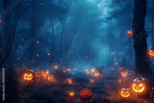 Night in dark forest, foggy atmosphere, glowing jack o' lanterns on ground, photorealistic.