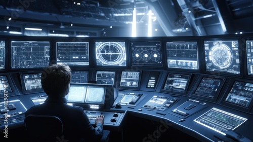 A Person Working at a Futuristic Control Panel with Multiple Screens