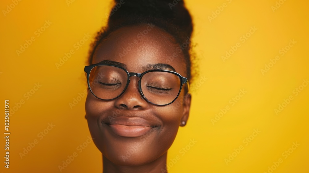 Smiling young woman in glasses against a yellow background, showcasing eye health and fashion, representing happiness and beauty Smiling young woman in glasses against a yellow background, showcasing eye health and fashion, representing happiness and beauty