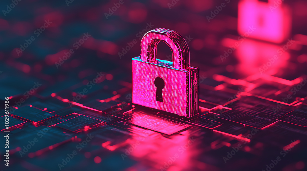 A close-up view of a digital padlock glowing in pink and blue hues, symbolizing internet security and data protection in a modern cyber environment.