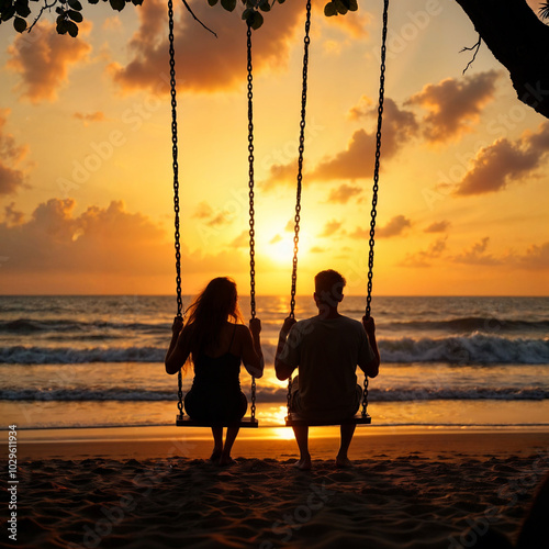 Two people sitting on a swing on the beach at sunset. Sun shining on the water and clouds in the sky.