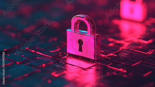 Obraz na płótnie A close-up view of a digital padlock glowing in pink and blue hues, symbolizing internet security and data protection in a modern cyber environment. w salonie