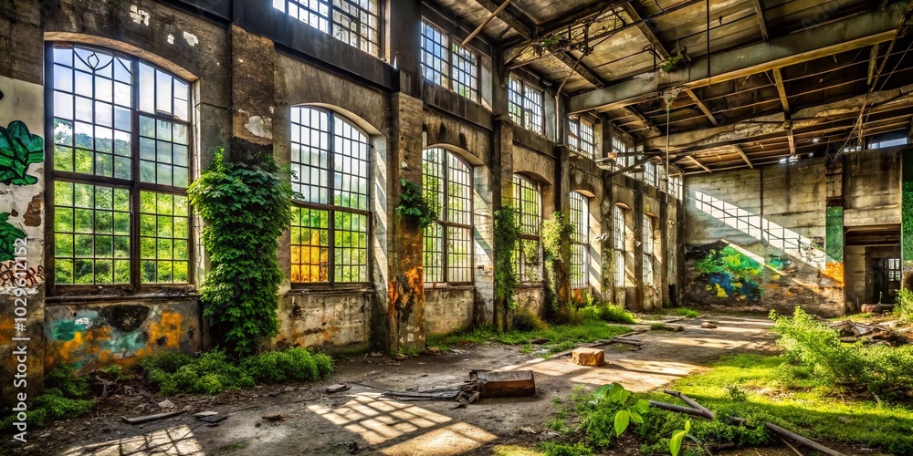 Urban Exploration Photography: Abandoned Factory with Graffiti Art and Overgrown Nature Urban Exploration Photography: Abandoned Factory with Graffiti Art and Overgrown Nature