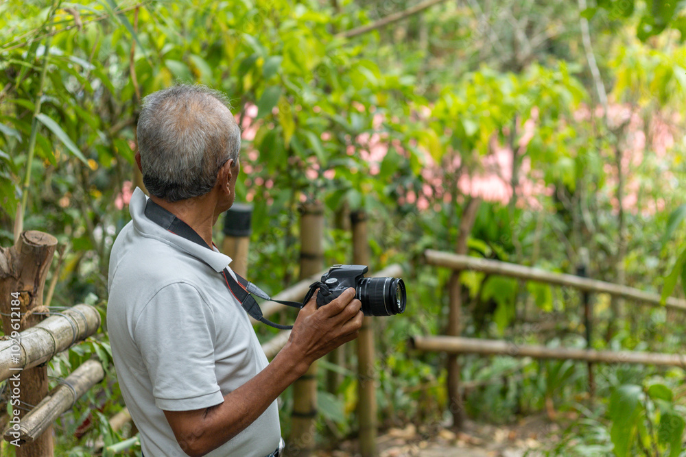 Senior nature photographer on mountain - professional photographer taking photos of nature in the forest Senior nature photographer on mountain - professional photographer taking photos of nature in the forest