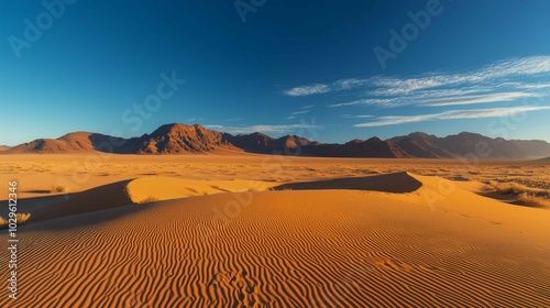 Vast desert landscape, golden sand dunes, clear blue sky, distant mountains on the horizon
