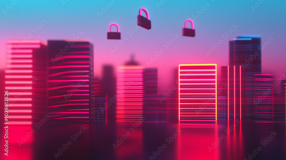 Fototapeta premium A futuristic city skyline illuminated in vibrant pink and blue hues, featuring floating padlocks that symbolize cybersecurity and protection of digital assets.