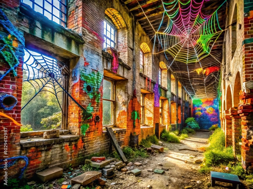 Obraz premium Urban Exploration with Cartoon Spider Webs in Abandoned Cityscapes