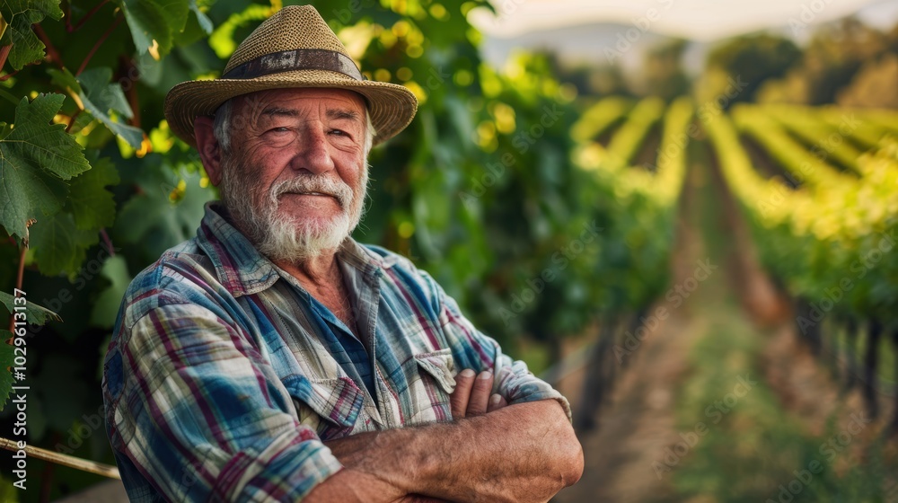 Confident elderly farmer standing proudly with arms crossed in his vineyard during summer, showcasing his commitment to agriculture and crops Confident elderly farmer standing proudly with arms crossed in his vineyard during summer, showcasing his commitment to agriculture and crops