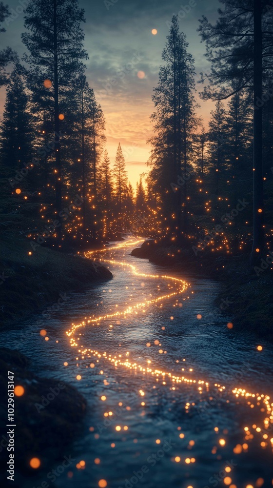 A flowing river winding through a dense forest, with glowing arrows made of light following the river's path, representing the flow of trends. The background features tall trees and a glowing suns