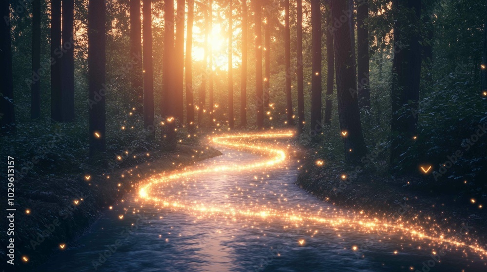 A flowing river winding through a dense forest, with glowing arrows made of light following the river's path, representing the flow of trends. The background features tall trees and a glowing suns A flowing river winding through a dense forest, with glowing arrows made of light following the river's path, representing the flow of trends. The background features tall trees and a glowing suns