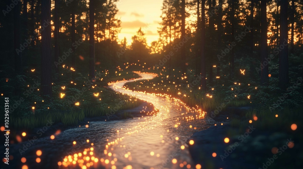 A flowing river winding through a dense forest, with glowing arrows made of light following the river's path, representing the flow of trends. The background features tall trees and a glowing suns A flowing river winding through a dense forest, with glowing arrows made of light following the river's path, representing the flow of trends. The background features tall trees and a glowing suns