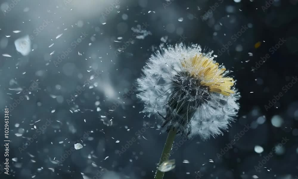A close-up of a dandelion puffball with yellow petals, surrounded by floating seeds in a dreamy, blurred background.
